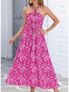 Halter Neck Pink Paisley Maxi Dress With Open Back Lightweight & Flowy Womens Su
